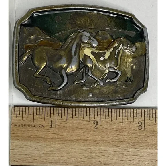 VINTAGE Wild Horses Solid Brass Belt Buckle Enamel U.S.A. Western Rustic Cowboy - Picture 9 of 10